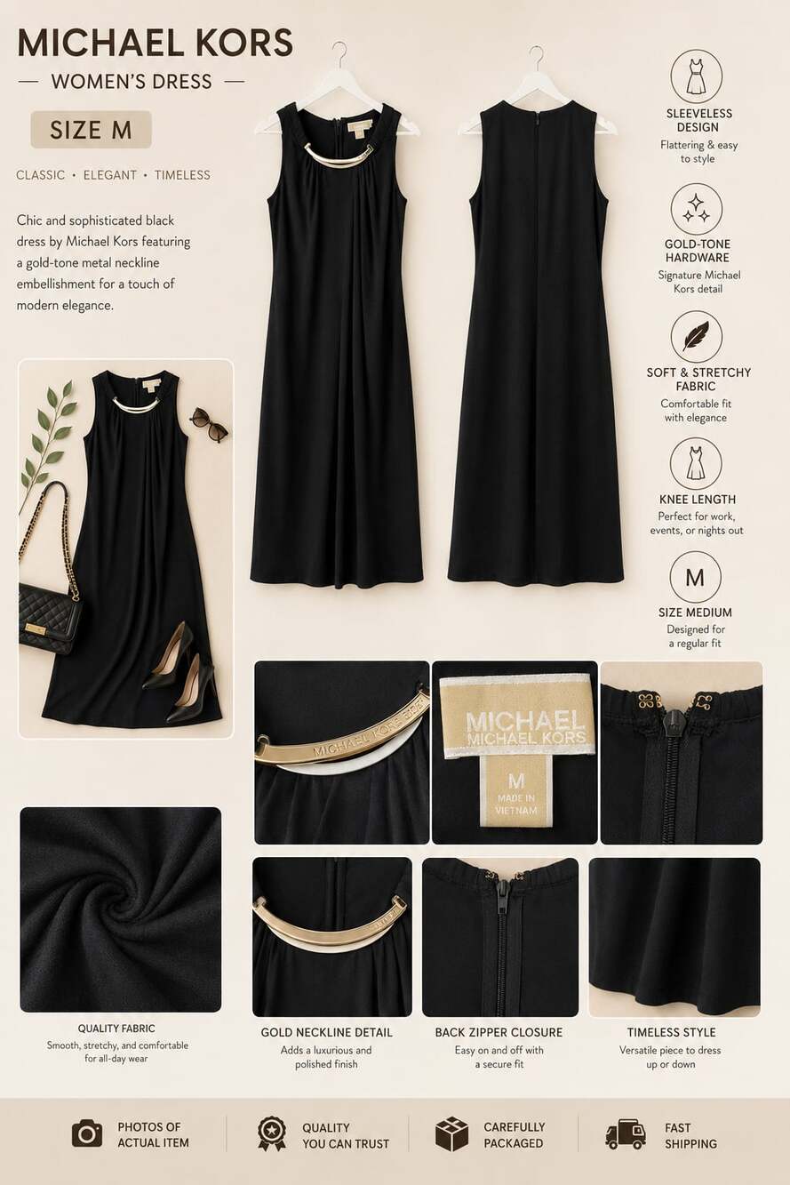 MICHAEL KORS Women's Black Sleeveless Shift Dress with Gold-Tone Neckline Embell